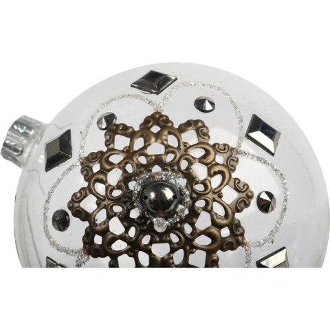 Elegancka szklana bombka świąteczna z metalowym dekorem - 10 cm, przezroczysta