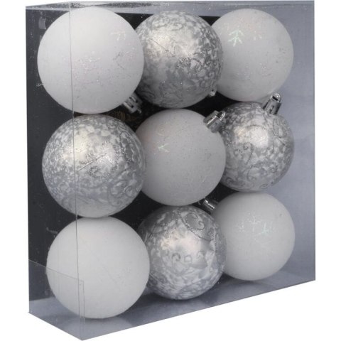 Zestaw 9 Mrożonych Bombek Plastikowych z Brokatowym Dekorem, Kolor Pudrowy Róż, 6 cm