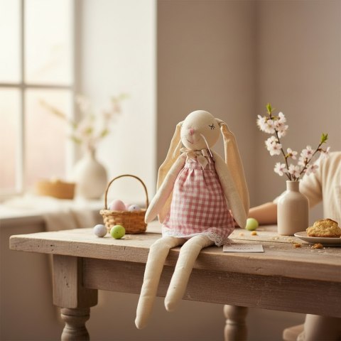 Zając siedzący Ozdoba Wielkanocna Figurka w sukience w kratę 48 cm