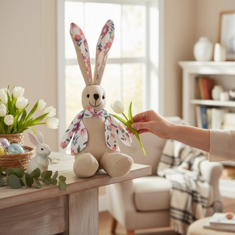 Zając siedzący Ozdoba Wielkanocna Figurka w ubranku w różowe kwiatki 36 cm