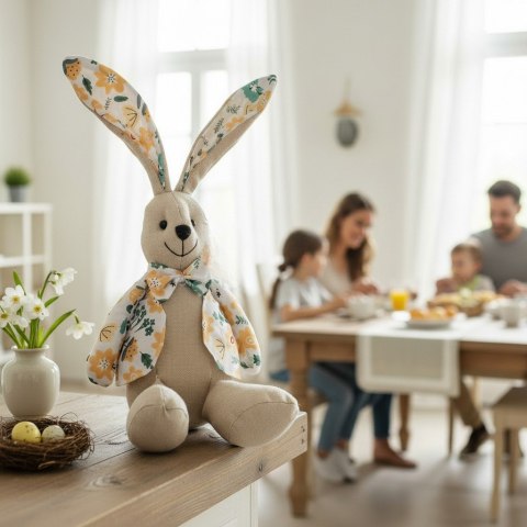 Zając siedzący Ozdoba Wielkanocna Figurka w ubranku w żółte kwiatki 36 cm