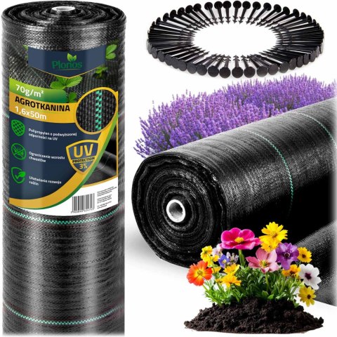 Agrotkanina ogrodowa 1,6 m x 50 m 70 g/m2 + 50 szpilek Plonos - czarna