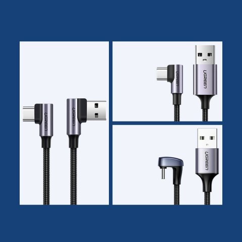 Kątowy kabel przewód w oplocie USB - USB-C Quick Charge 3.0 2m szary