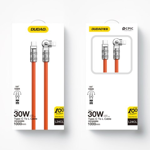 Mocny kabel kątowy do iPhone USB-C - Lightning 30W 1m rotacja 180 pomarańczowy