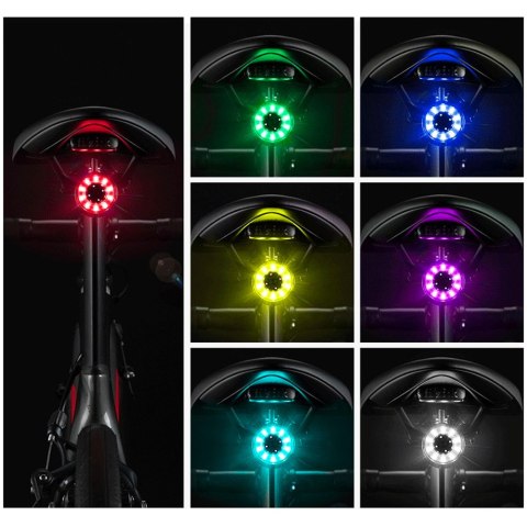 Lampka rowerowa tylna Q1 7 kolorów LED Strobe + kabel USB-C - USB-A - czarna
