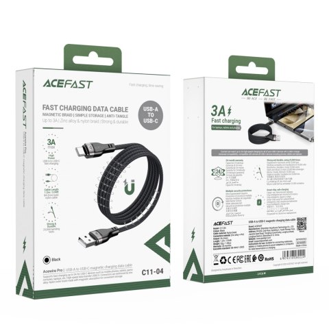 Kabel przewód USB-A - USB-C 3A z magnetycznym organizerem 1.2m - czarny