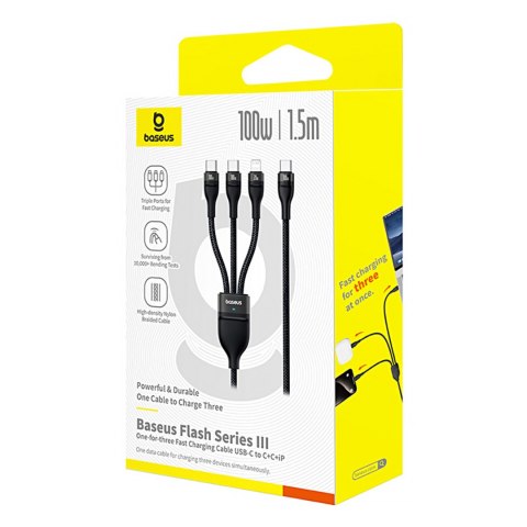 3w1 Kabel przewód Flash Series 3 100W USB-C - 2x USB-C iPhone Lightning 1.5m - czarny