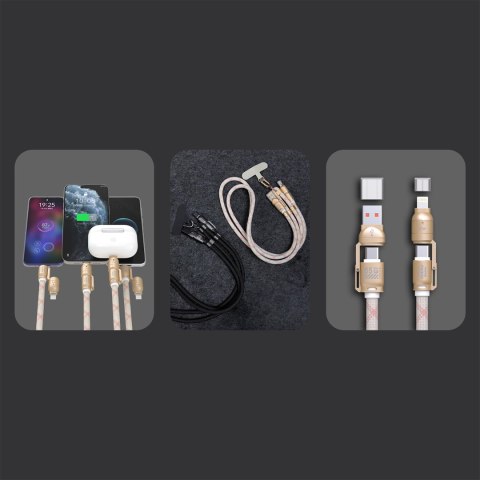 4w1 Kabel przewód smycz USB-A / USB-C / iPhone Lightning PD QC 65W 1.5m - różowy