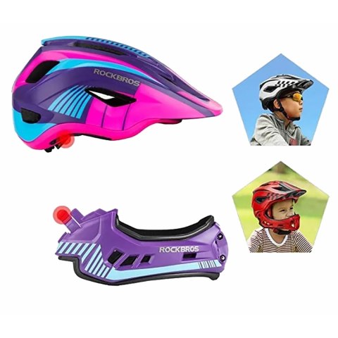 Kask rowerowy dziecięcy z odpinaną szczęką rozmiar S - fioletowo-różowy