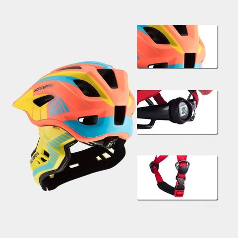 Kask rowerowy dziecięcy z odpinaną szczęką rozmiar S - żółto-pomarańczowy