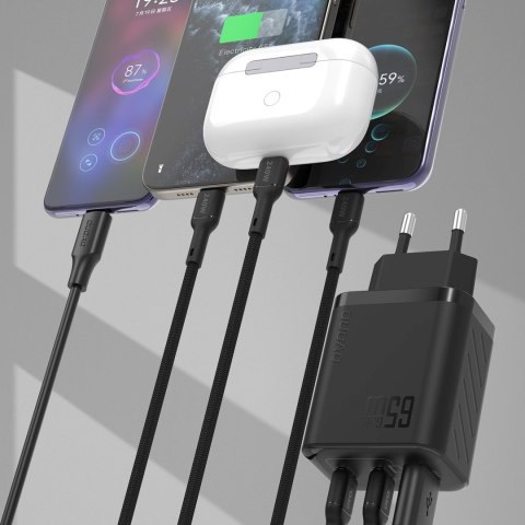 Ładowarka sieciowa GaN z kablem USB-C 1m 65W - czarna