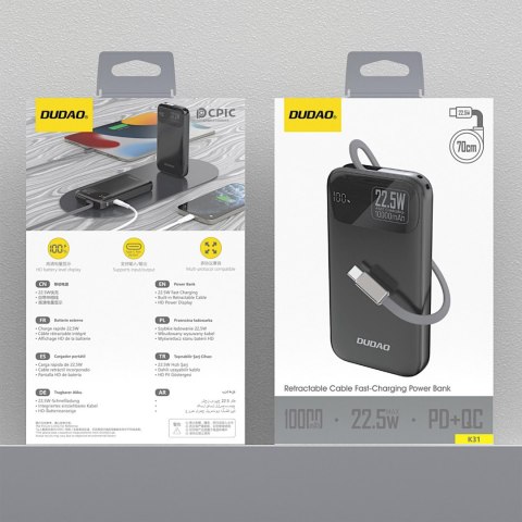Powerbank K31 10000 mAh 22.5W PD z wbudowanym kablem - czarny