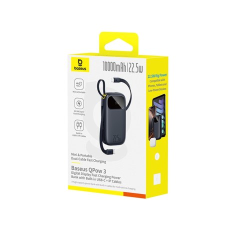 Powerbank 10000mAh 22.5W z wyświetlaczem kablami USB-C iPhone Lightning - czarny