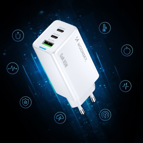 Ładowarka sieciowa GaN USB-A USB-C z kablem USB-C 65W - biała
