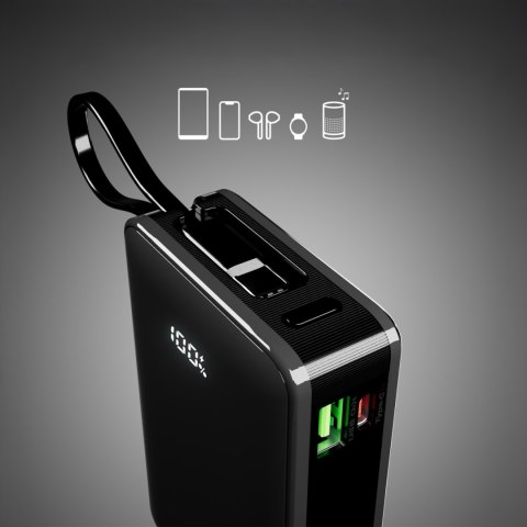Powerbank 20000mAh USB-A USB-C z wyświetlaczem wbudowanym kablem USB-C 20W - czarny
