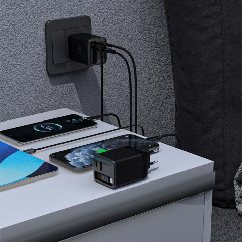 Ładowarka sieciowa USB-A USB-C GaN 67W z kablem zwijanym USB-C PD QC - czarna
