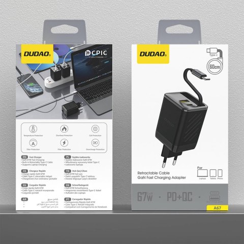 Ładowarka sieciowa USB-A USB-C GaN 67W z kablem zwijanym USB-C PD QC - czarna