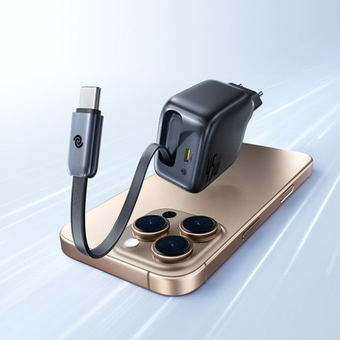 Ładowarka sieciowa USB-C ze zwijanym kablem USB-C EnerCore CJ11 45W - czarna