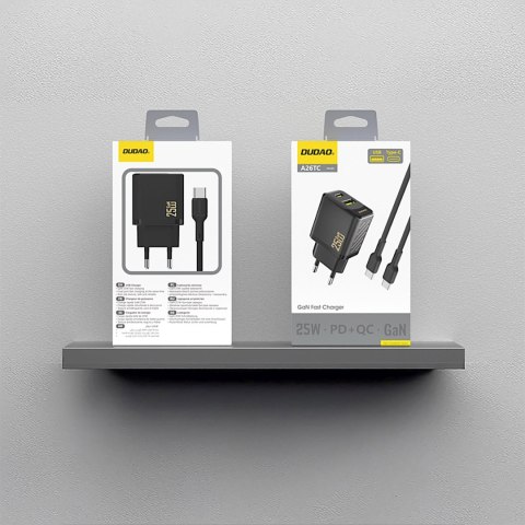 Ładowarka sieciowa USB-A USB-C z kablem USB-C GaN PD QC 25W - czarna