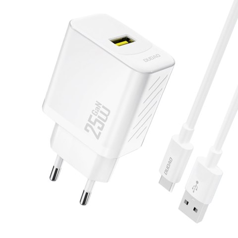 Ładowarka sieciowa USB-A z kablem USB-A - USB-C GaN 25W - biała