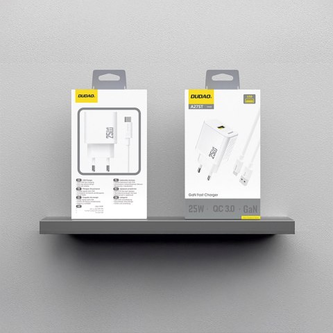 Ładowarka sieciowa USB-A z kablem USB-A - USB-C GaN 25W - biała