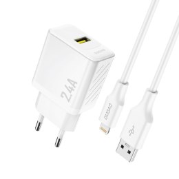 Ładowarka sieciowa USB-A z kablem USB-A - iPhone Lightning 2.4A GaN EU - biała
