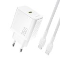 Ładowarka sieciowa USB-C z kablem USB-C GaN PD 25W - biała