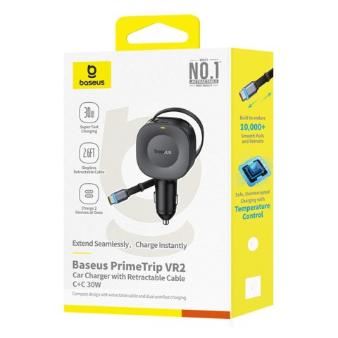 Ładowarka samochodowa USB-C ze zwijanym kablem USB-C 30W - czarna