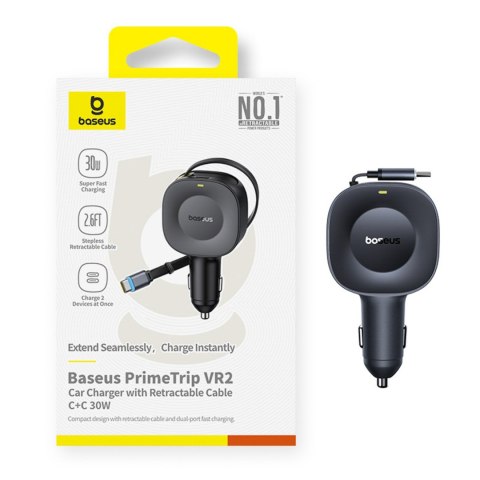 Ładowarka samochodowa USB-C ze zwijanym kablem USB-C 30W - czarna