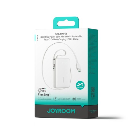 Powerbank 10000mAh 35W ze zwijanym kablem USB-C kablem-smyczą Lightning - biały