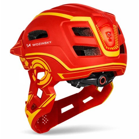 Kask rowerowy fullface dziecięcy z tylną lampką USB 52-56 cm - czerwono żółty