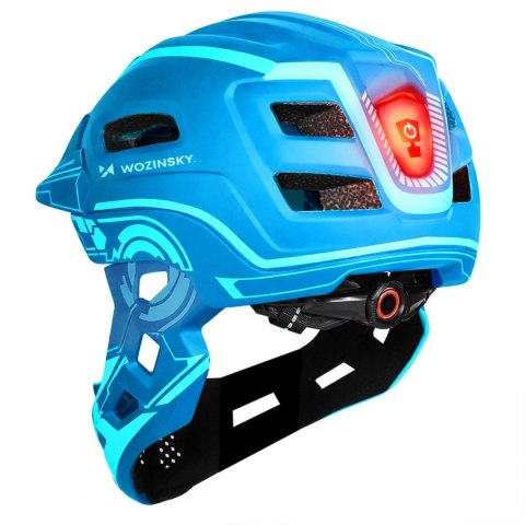 Kask rowerowy fullface dziecięcy z tylną lampką USB 52-56 cm - niebieski