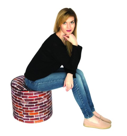 Pufa dekoracyjna, Bertoni, nadruk Cegła - okrągła pufa do salonu, przedpokoju, walec 40cm, elegancka, zamek błyskawiczny, możliw