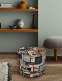 Pufa dekoracyjna, Bertoni, nadruk Retro - okrągła pufa do salonu, przedpokoju, walec 40cm, elegancka, zamek błyskawiczny, możliw