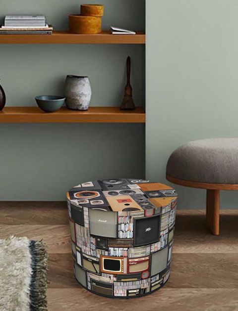 Pufa dekoracyjna, Bertoni, nadruk Retro - okrągła pufa do salonu, przedpokoju, walec 40cm, elegancka, zamek błyskawiczny, możliw