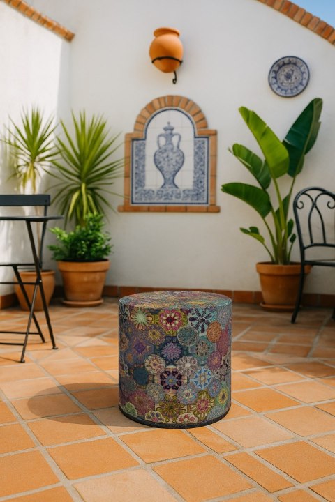 Pufa dekoracyjna, Bertoni, nadruk Valencia - okrągła pufa do salonu, przedpokoju, walec 40cm, elegancka, zamek błyskawiczny, moż