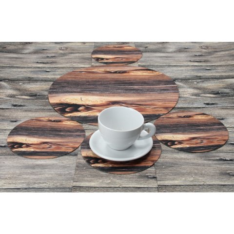 Zestaw podkładek okrągłych na stoł 1+4 Drewno - 33 cm + 4×16 cm | filc ekologiczny, nadruk HD, pranie 40 °C, Bertoni