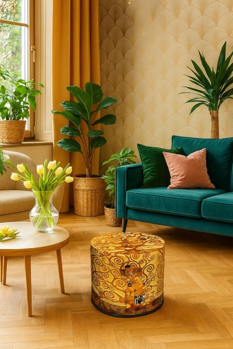 Pufa welurowa, Bertoni, nadruk Klimt Golden Tree - okrągła pufa dekoracyjna, do salonu, walec 40cm, elegancka, zamek błyskawiczn