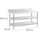 Stół blat roboczy stalowy nierdzewny przyścienny z rantem 2 półki 150x70cm