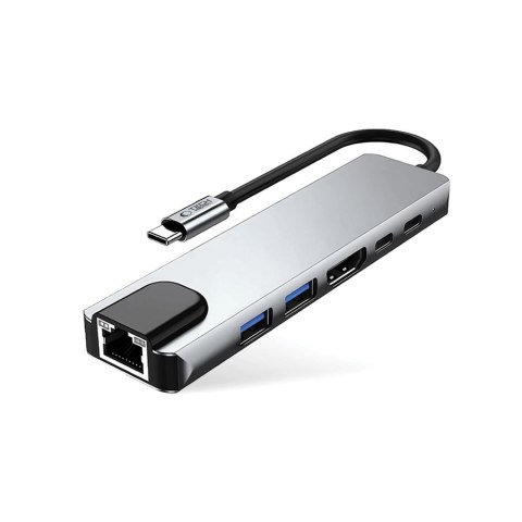 6w1 HUB Adapter USB-C USB-A HDMI RJ45 4K 30Hz PD 100W - szary