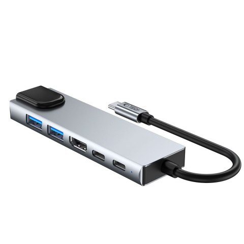 6w1 HUB Adapter USB-C USB-A HDMI RJ45 4K 30Hz PD 100W - szary