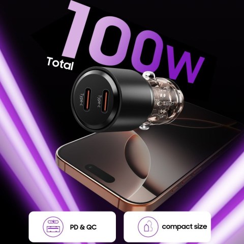 Ładowarka samochodowa 2x USB-C PD 100W - czarna