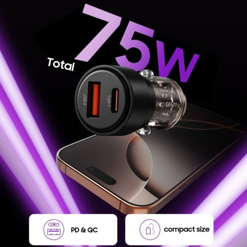 Ładowarka samochodowa USB-A USB-C CC03 PD 75W - czarna