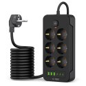 Listwa zasilająca przedłużacz 6 gniazd 240V USB-A USB-C 2m - czarna