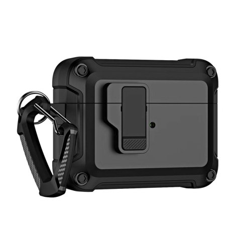Etui pancerne pokrowiec na słuchawki Airpods 4 z karabińczykiem - czarne