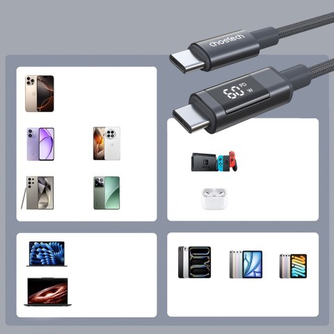 Kabel przewód USB-C z wyświetlaczem PD 60 W 1.2 m - czarny