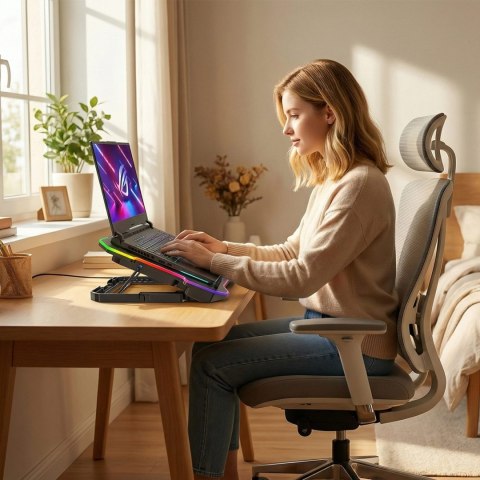 Podstawka chłodząca gamingowa pod laptop z uchwytem na telefon RGB - czarna