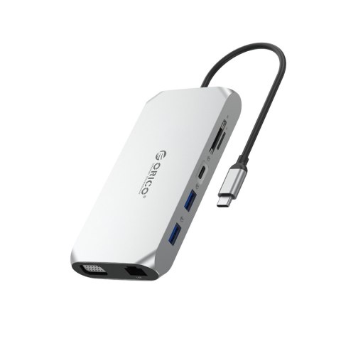 Adapter HUB 12w1 USB-C - USB-A USB-C HDMI VGA SD/microSD RJ45 mini jack PD 100W 4K - srebrny
