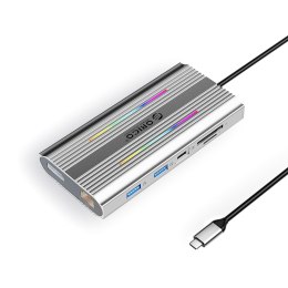 HUB 12w1 USB-C - USB-A USB-C HDMI DisplayPort RJ45 SD/microSD 4K PD 100 W RGB - srebrny