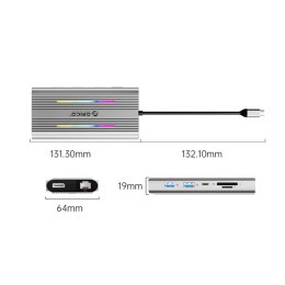 HUB 12w1 USB-C - USB-A USB-C HDMI DisplayPort RJ45 SD/microSD 4K PD 100 W RGB - srebrny